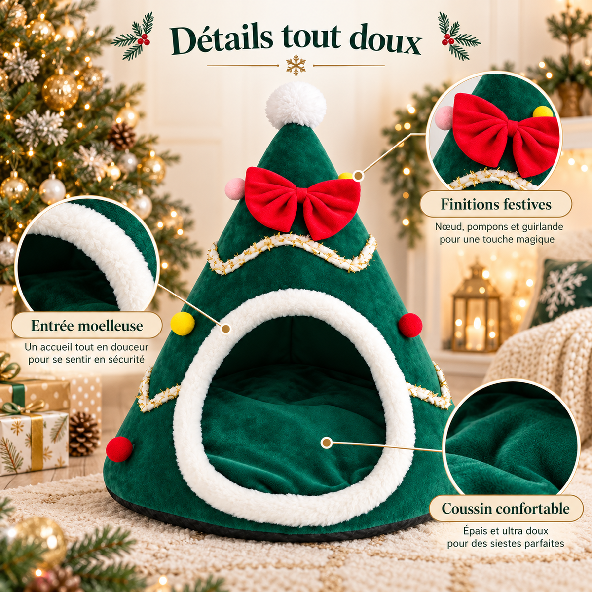Lit pour chat de Noël en forme de sapin