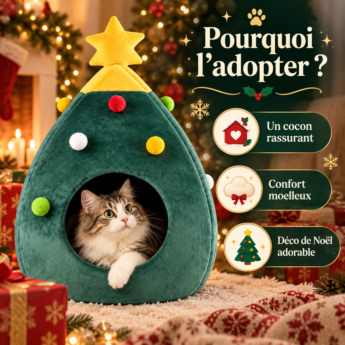 Lit pour chat de Noël en forme de sapin en velours
