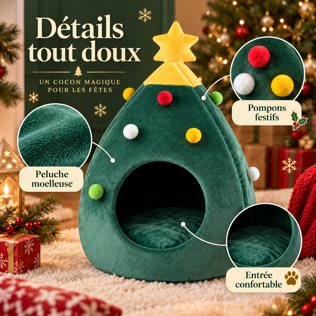Lit pour chat de Noël en forme de sapin en velours