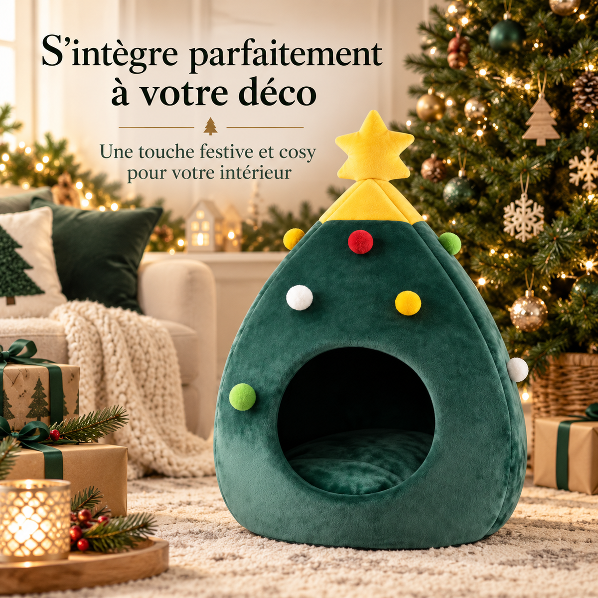 Lit pour chat de Noël en forme de sapin en velours