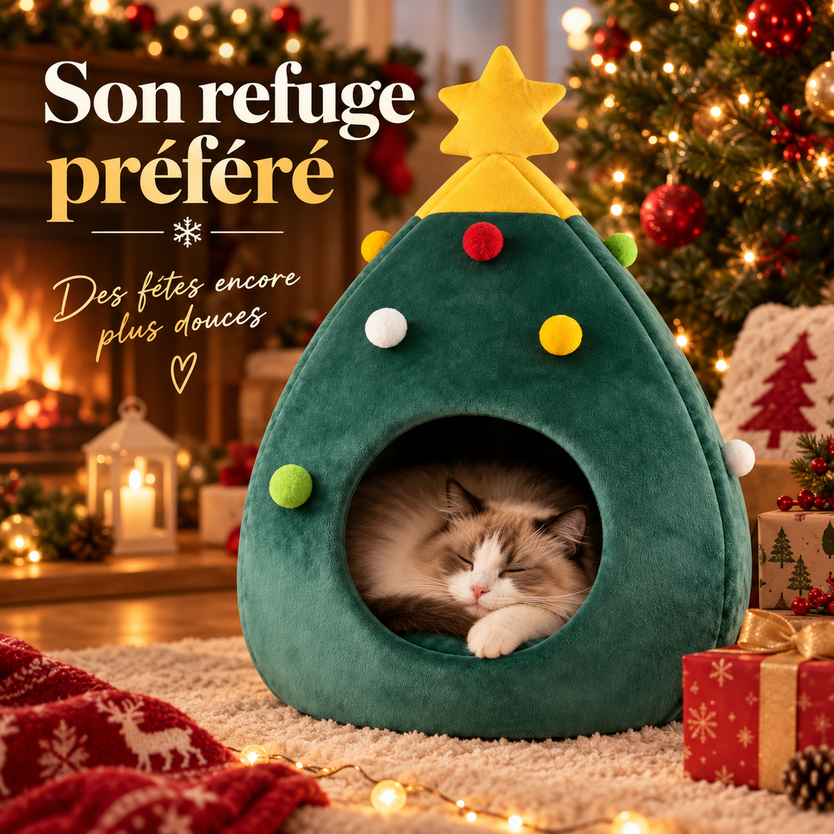 Lit pour chat de Noël en forme de sapin en velours