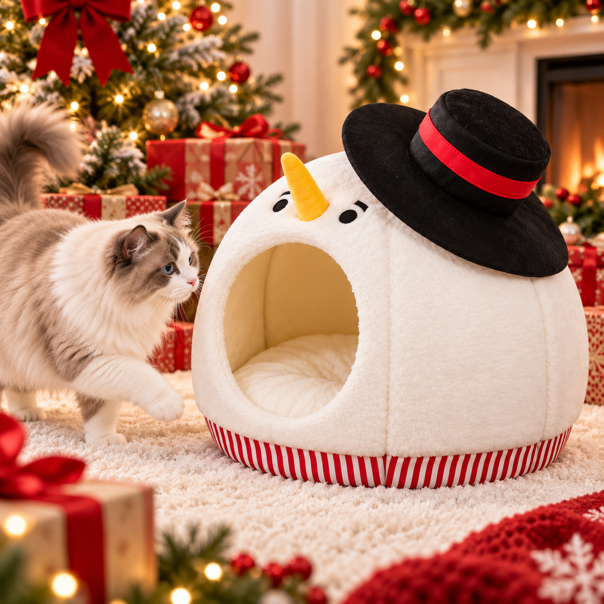 Nid pour chat de Noël en forme de bonhomme de neige