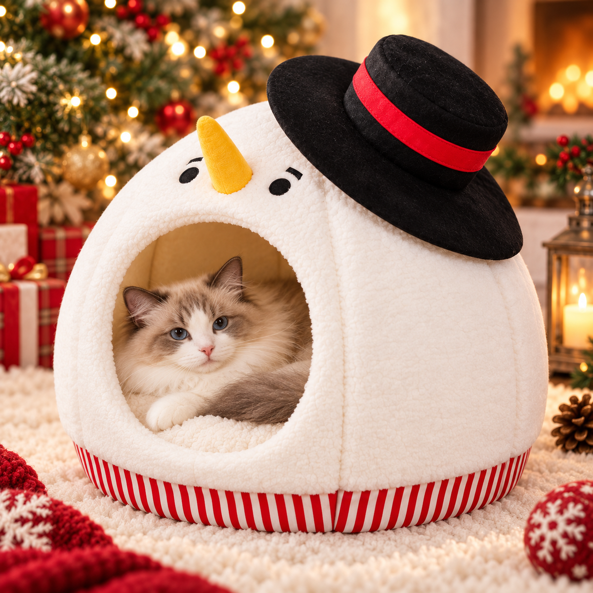 Nid pour chat de Noël en forme de bonhomme de neige