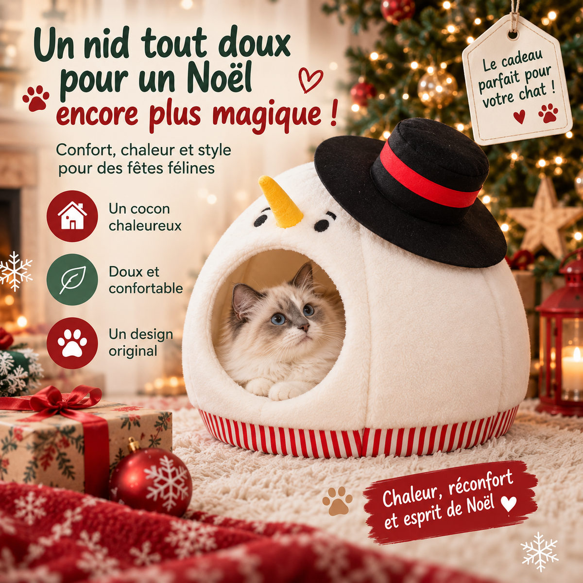 Nid pour chat de Noël en forme de bonhomme de neige