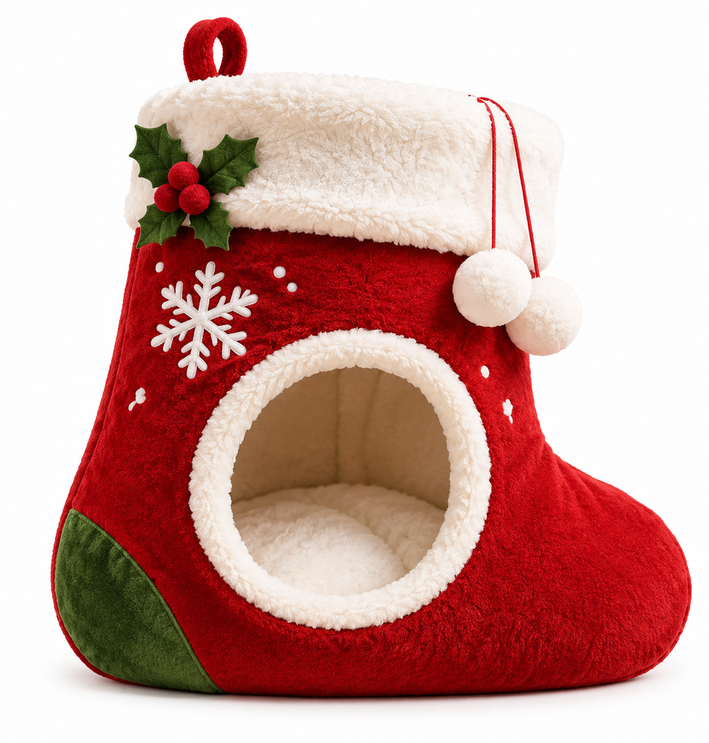 Lit pour chat de Noël en forme de botte en peluche