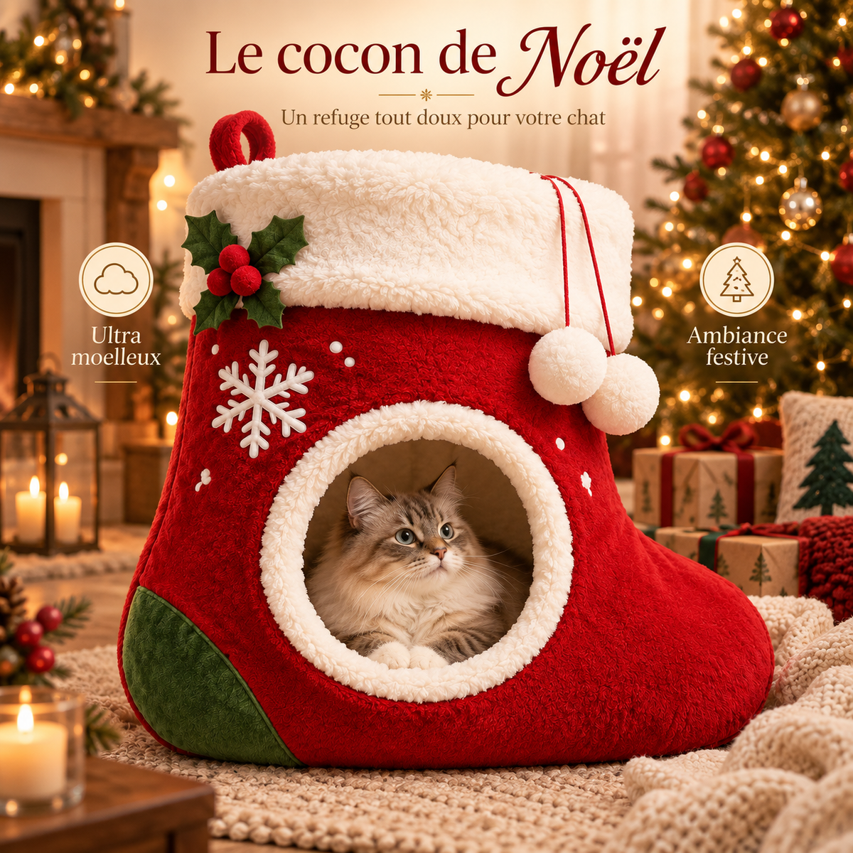 Lit pour chat de Noël en forme de botte en peluche