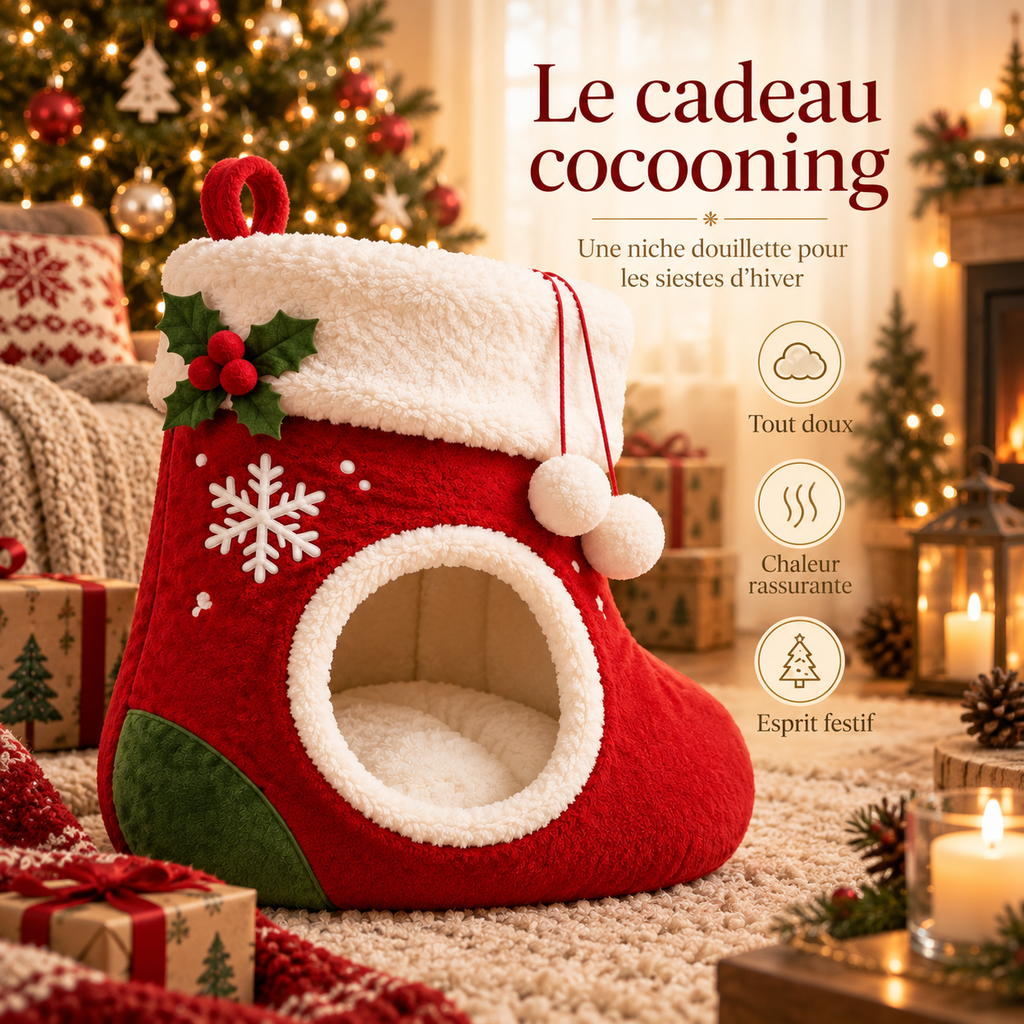 Lit pour chat de Noël en forme de botte en peluche
