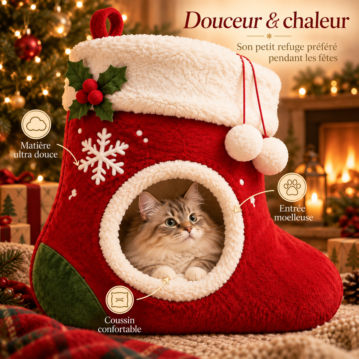 Lit pour chat de Noël en forme de botte en peluche