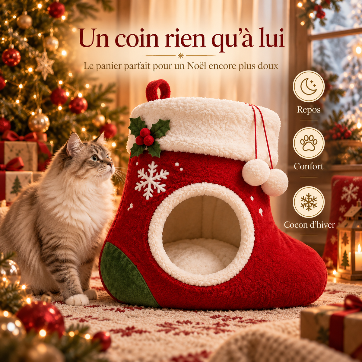 Lit pour chat de Noël en forme de botte en peluche