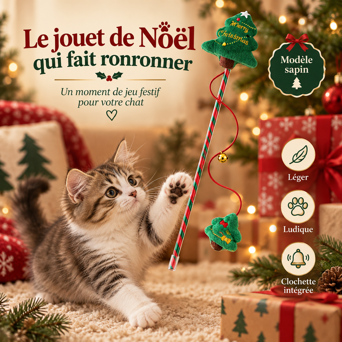 Baguette interactive de Noël pour chat avec clochette