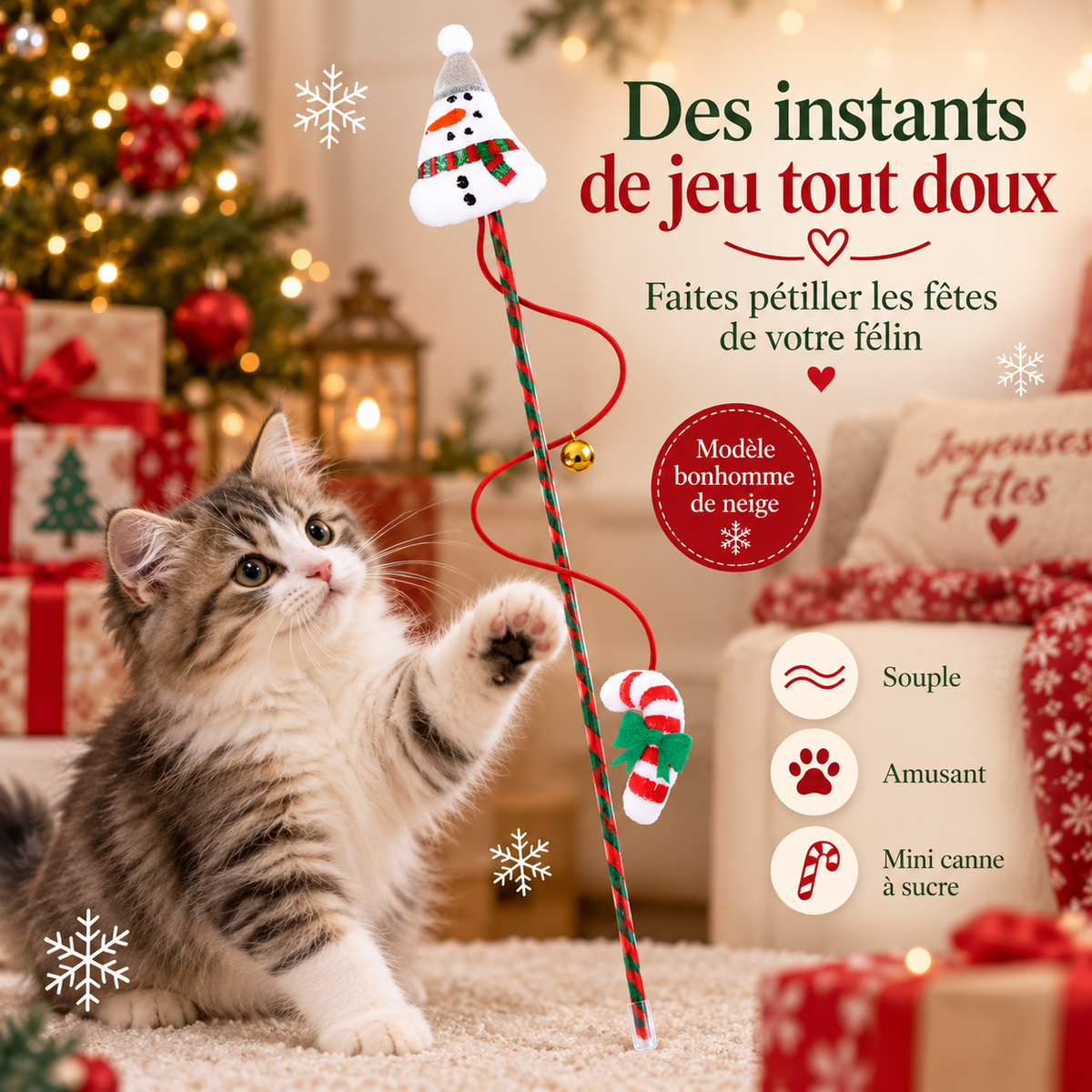 Baguette interactive de Noël pour chat avec clochette