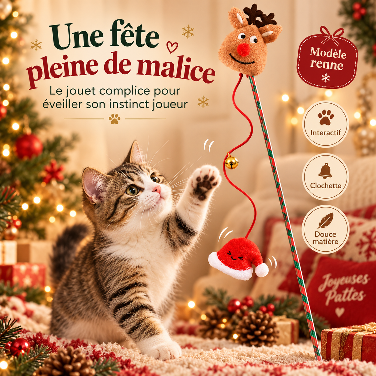 Baguette interactive de Noël pour chat avec clochette