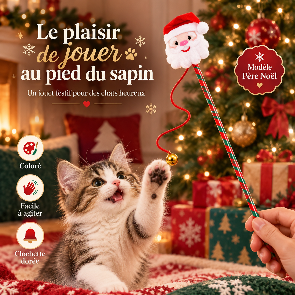 Baguette interactive de Noël pour chat avec clochette