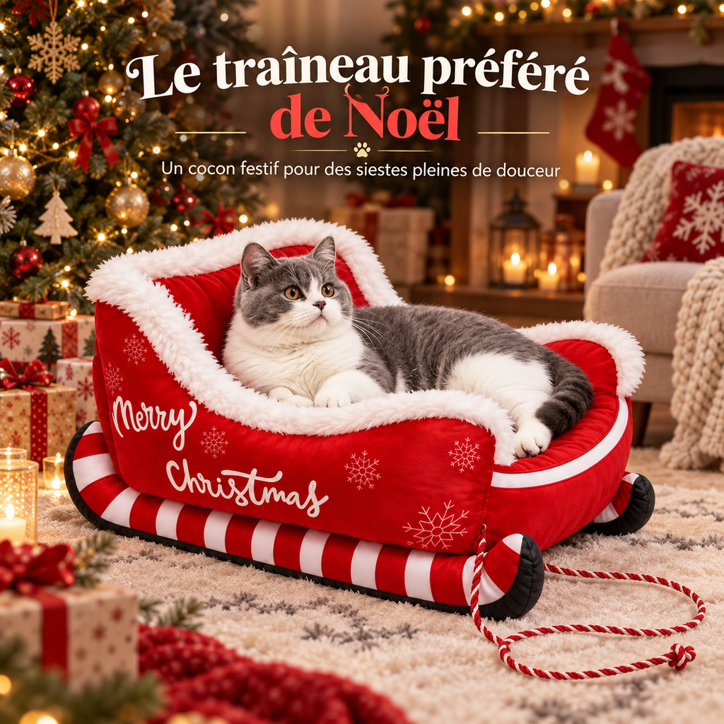 Lit de Noël en forme de traîneau pour chat