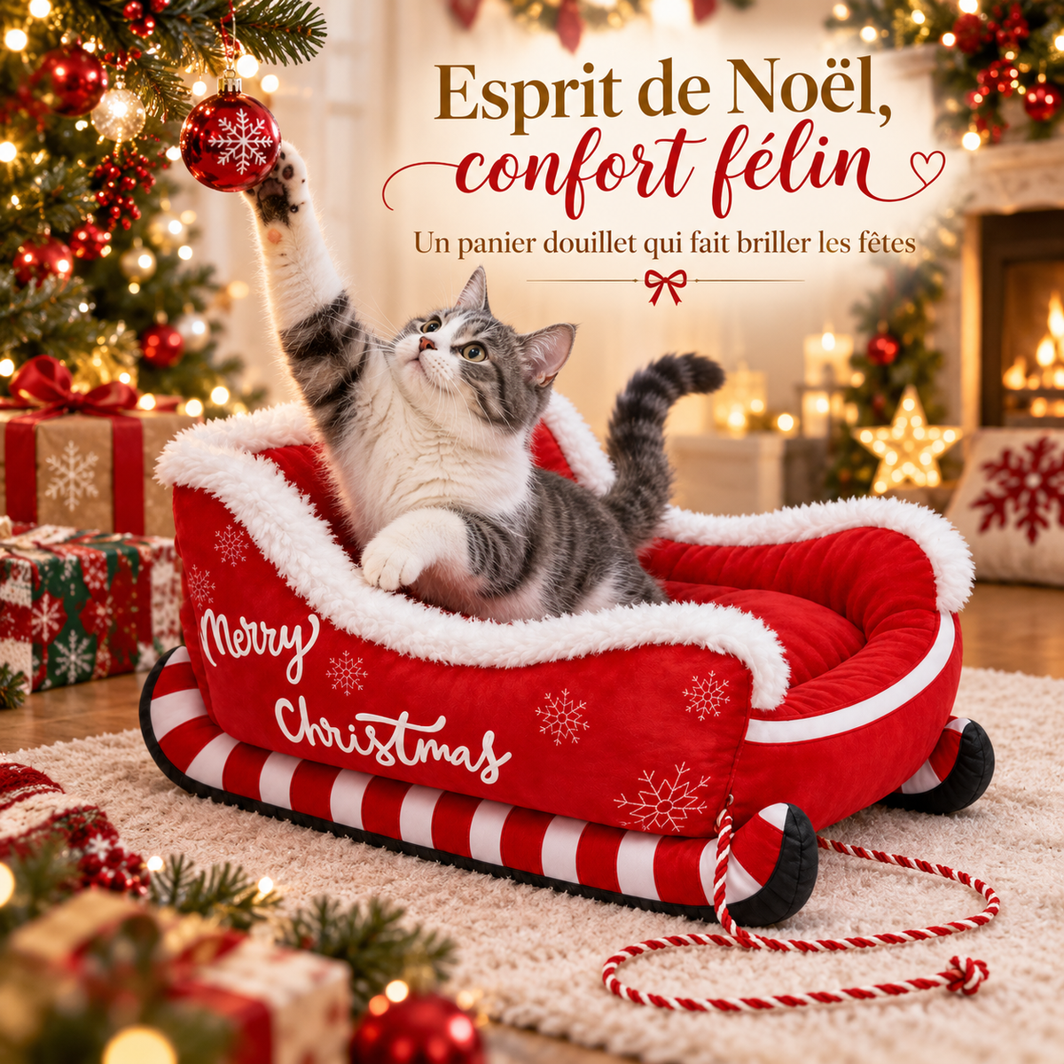 Lit de Noël en forme de traîneau pour chat