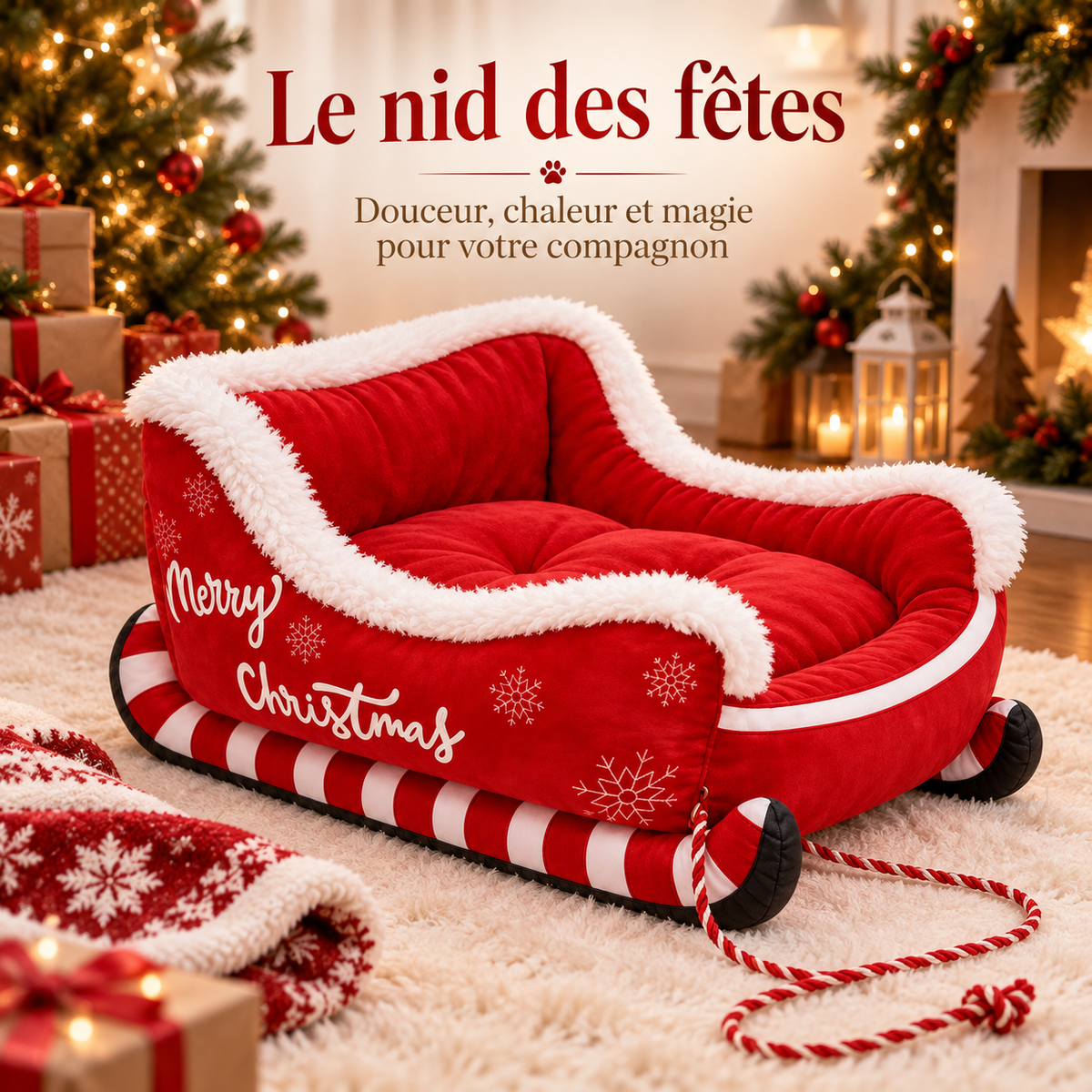 Lit de Noël en forme de traîneau pour chat