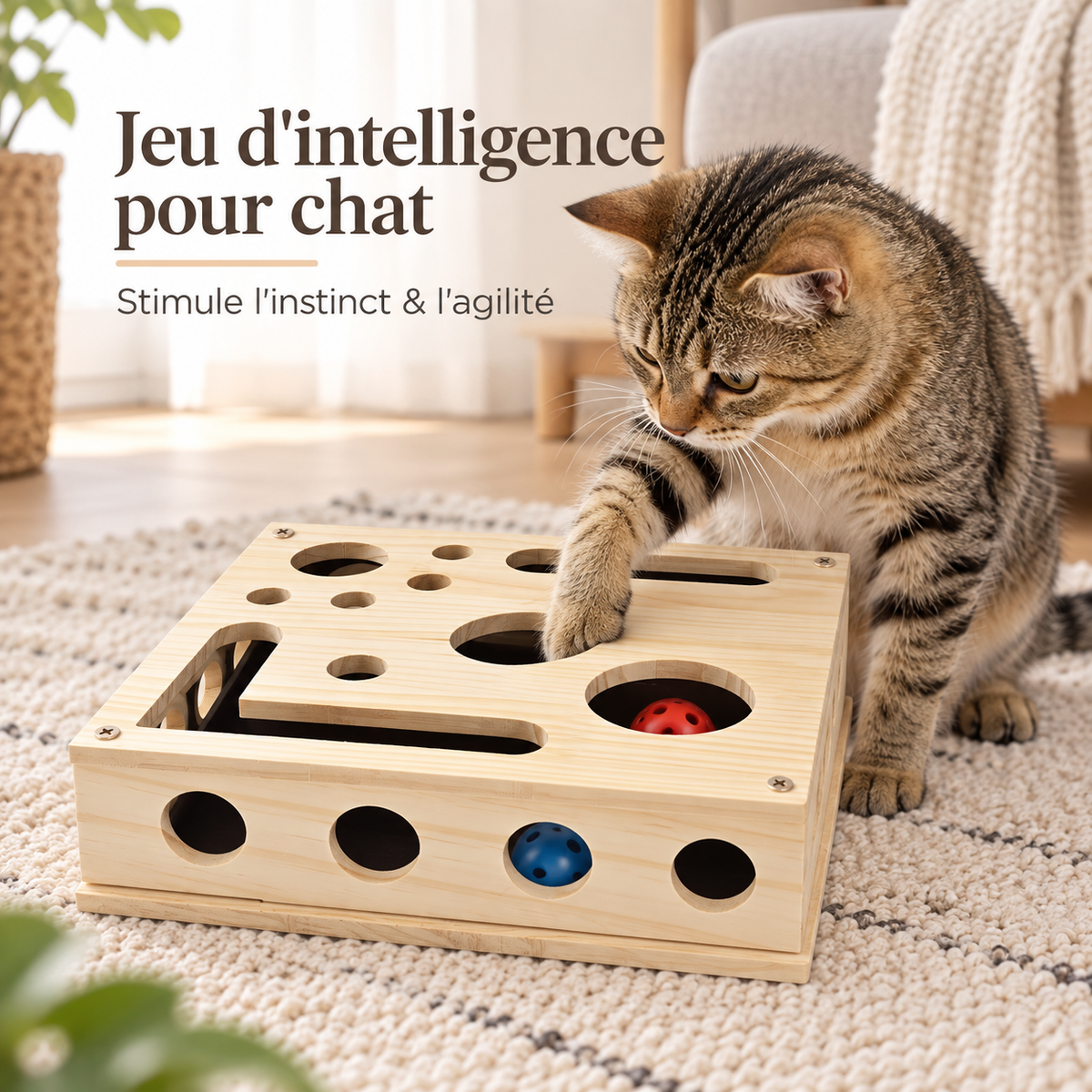 Boîte de jeu d’éveil en bois pour chat