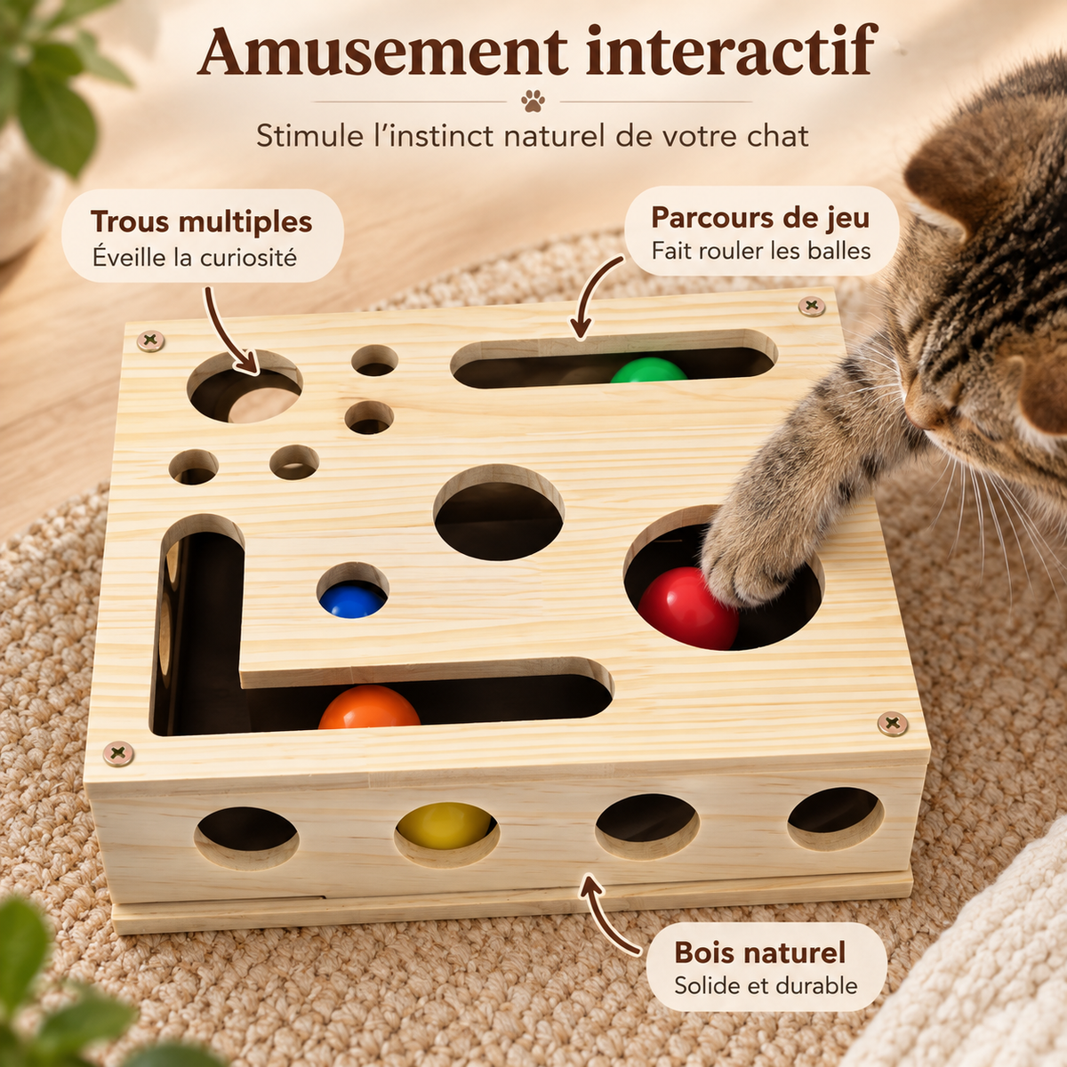 Boîte de jeu d’éveil en bois pour chat