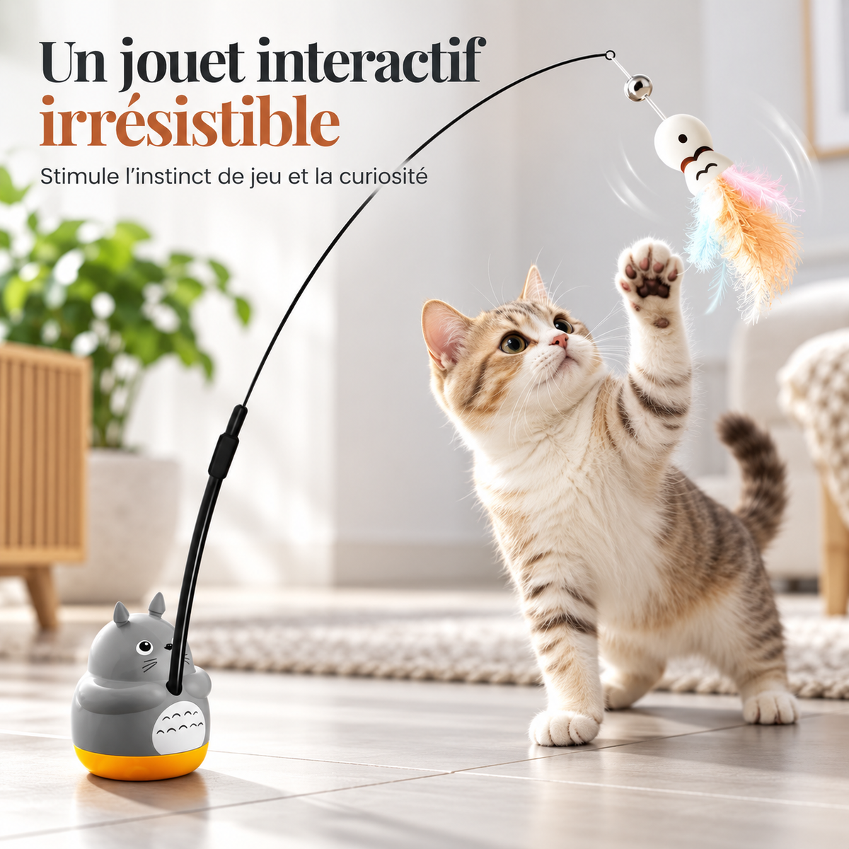 Jouet interactif rotatif pour chat avec plumes et clochette