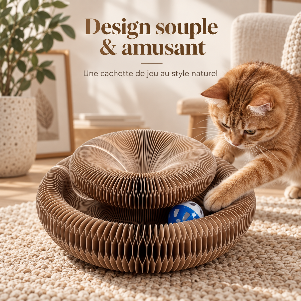 Griffoir rond alvéolé pour chat avec balle intégrée