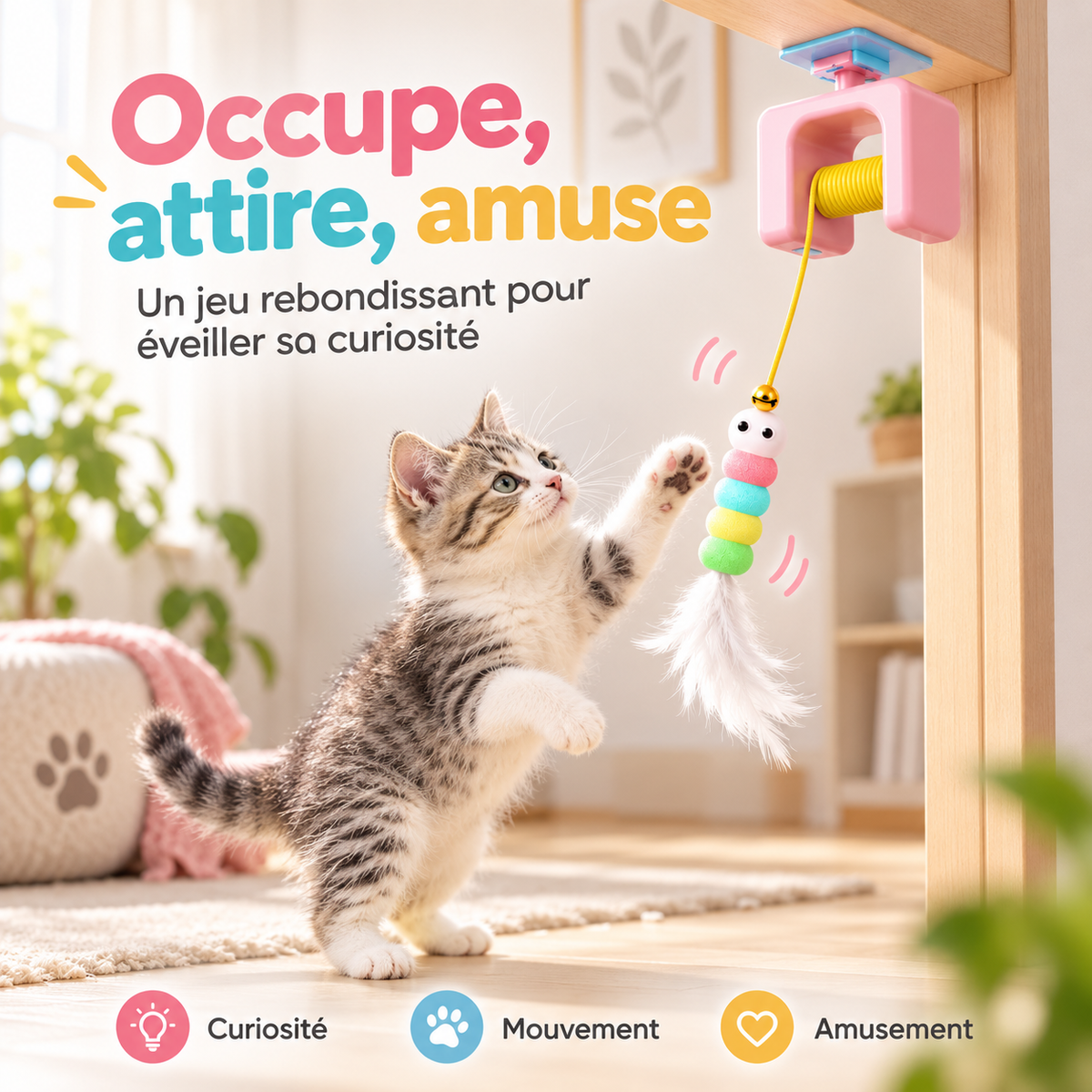 Jouet suspendu pour chat avec plume et clochette