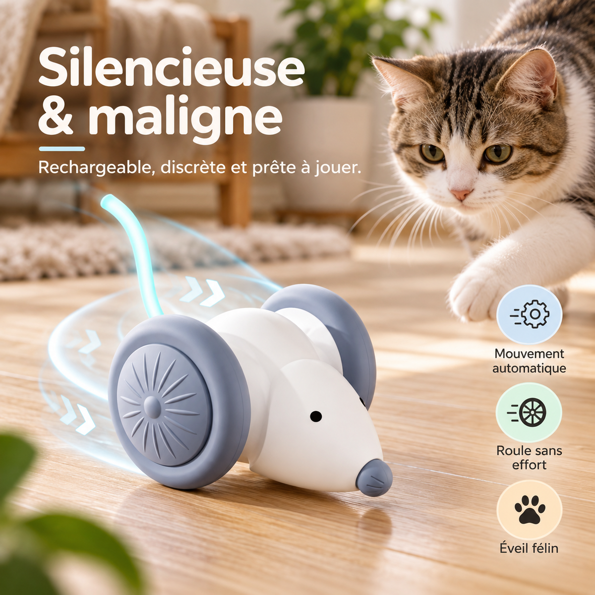 Souris électrique rechargeable pour chat avec évitement d’obstacles