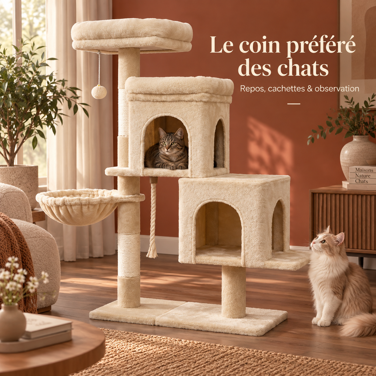 Arbre à chat compact à 4 niveaux avec deux niches