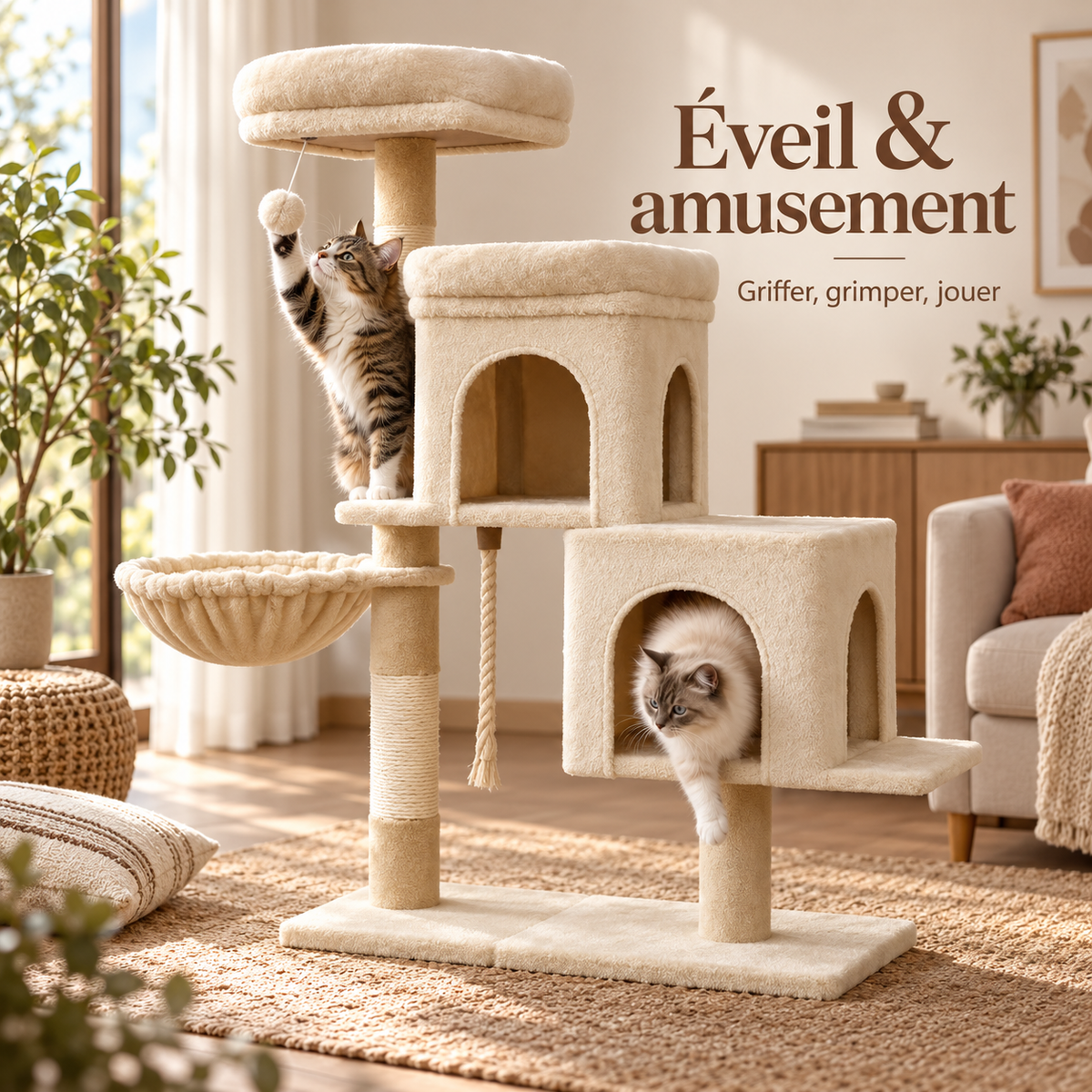 Arbre à chat compact à 4 niveaux avec deux niches