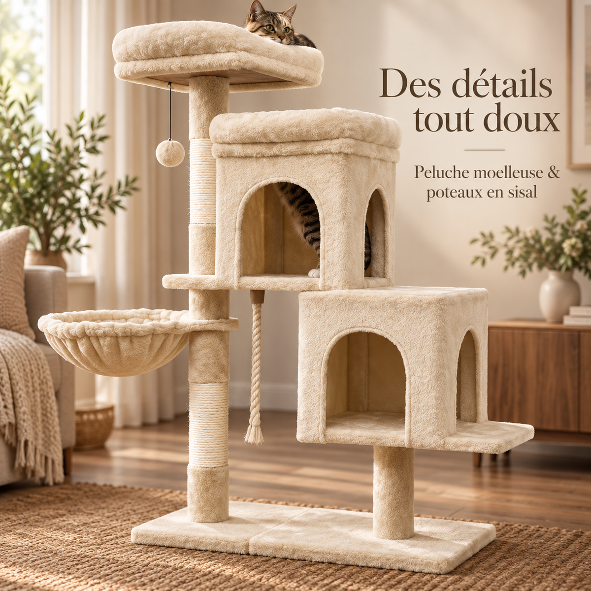 Arbre à chat compact à 4 niveaux avec deux niches