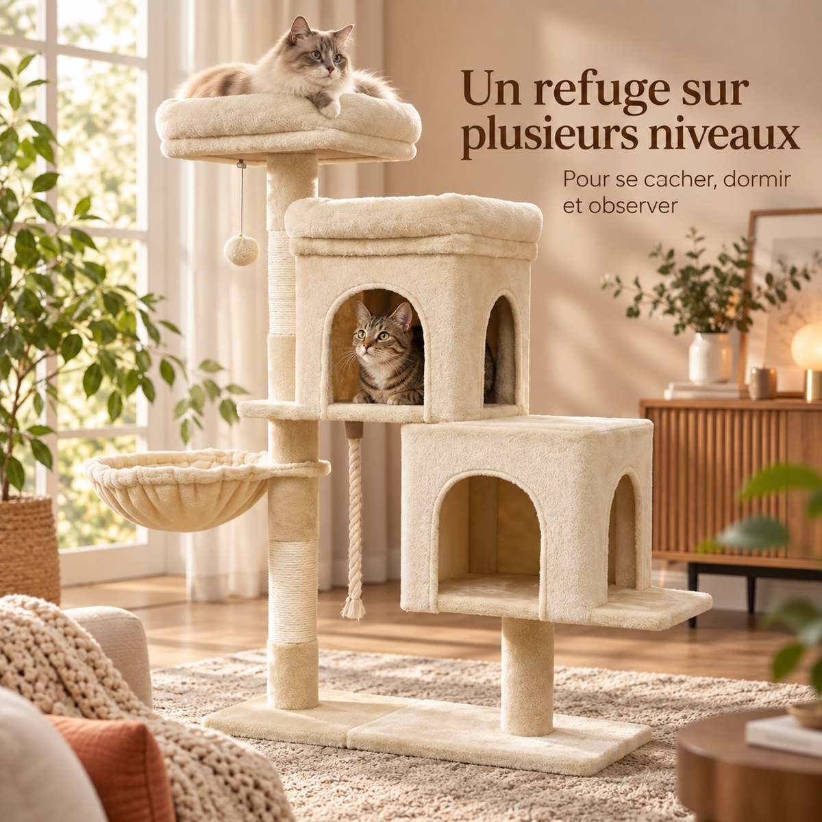 Arbre à chat compact à 4 niveaux avec deux niches