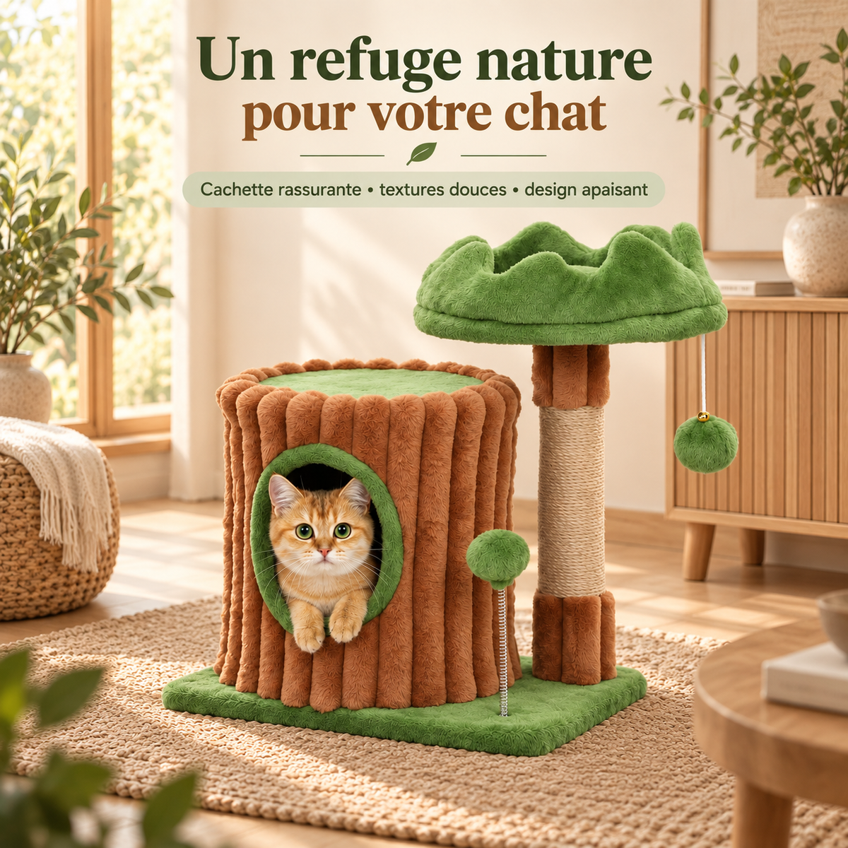 Arbre à chat compact avec niche et couchage surélevé