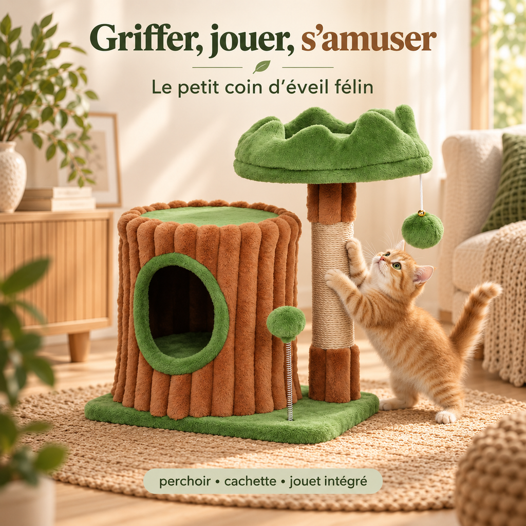 Arbre à chat compact avec niche et couchage surélevé