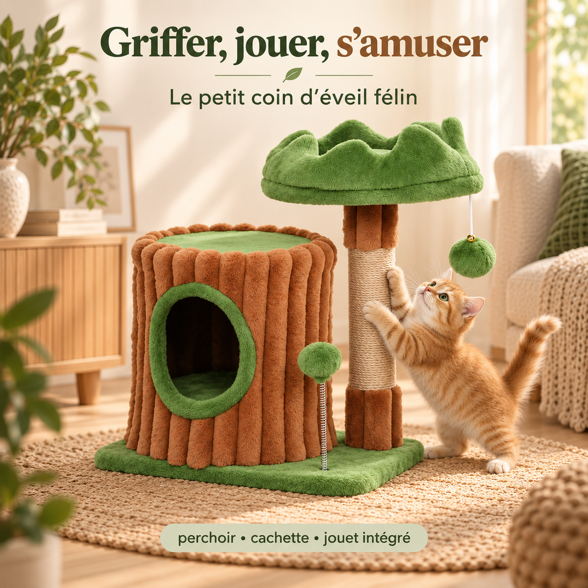 Arbre à chat compact avec niche et couchage surélevé