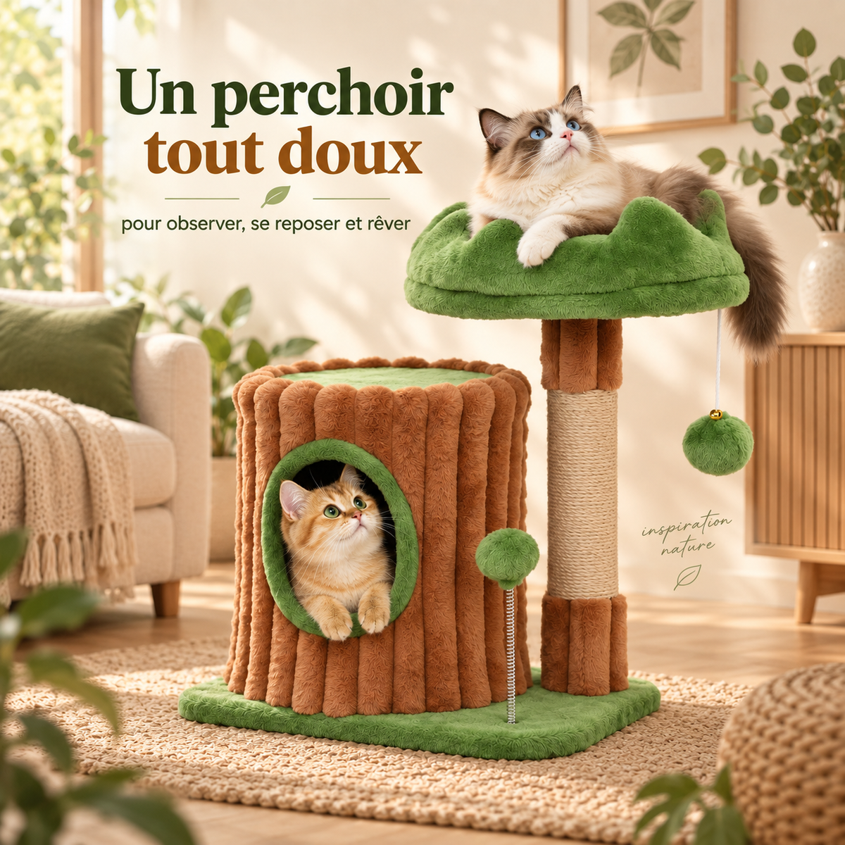 Arbre à chat compact avec niche et couchage surélevé