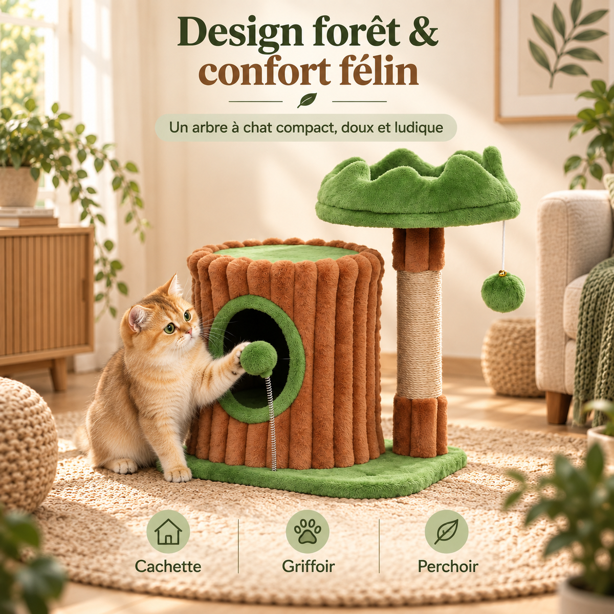 Arbre à chat compact avec niche et couchage surélevé