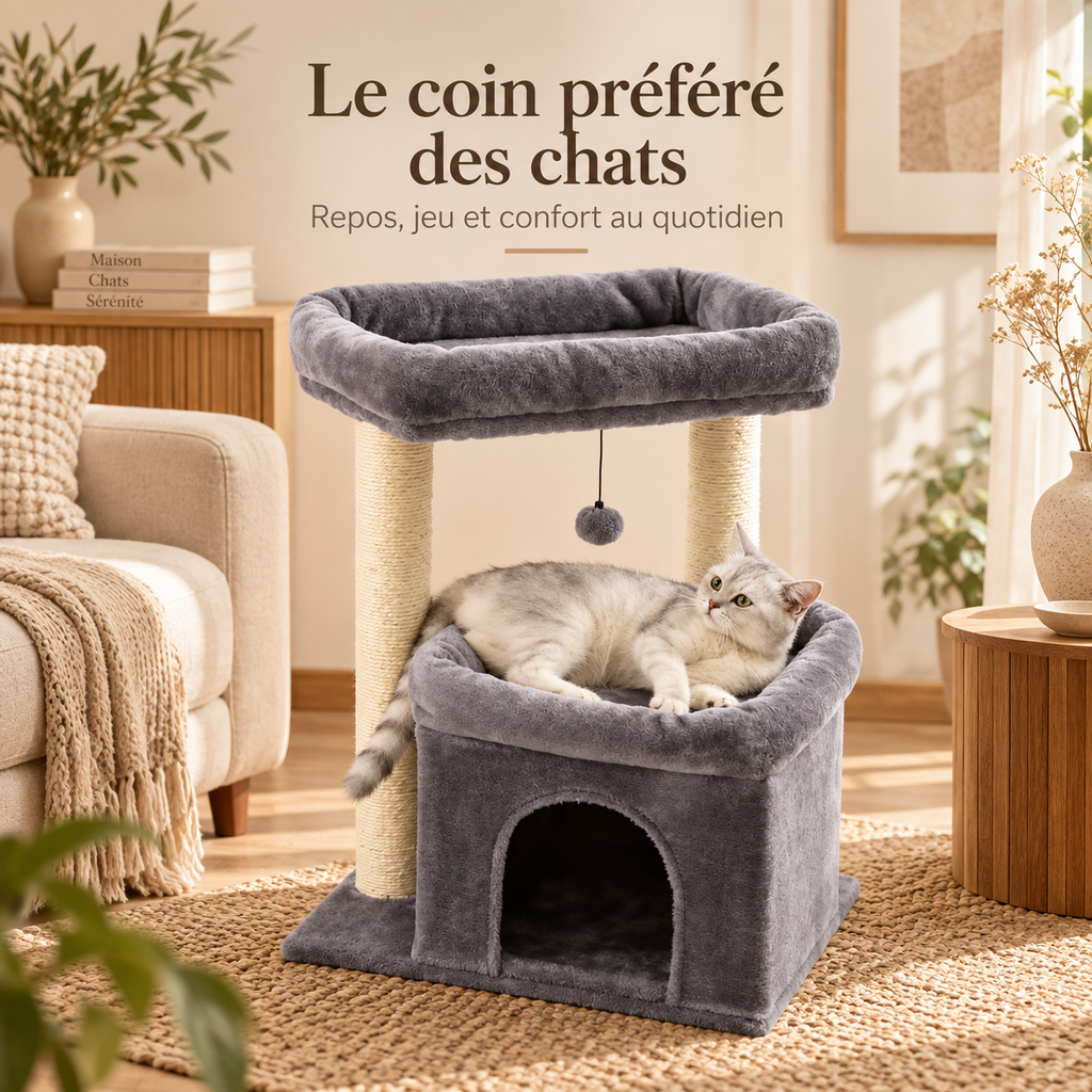 Arbre à chat compact avec niche et double perchoir