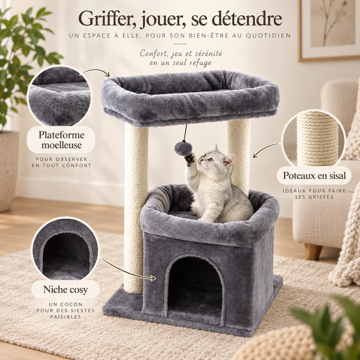 Arbre à chat compact avec niche et double perchoir