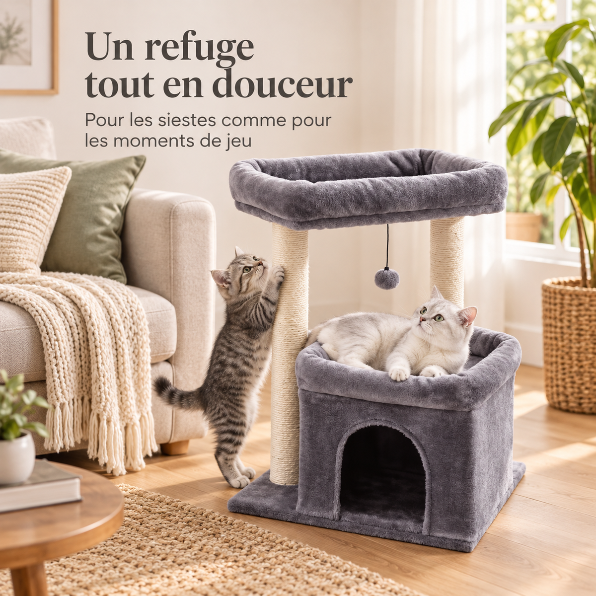 Arbre à chat compact avec niche et double perchoir