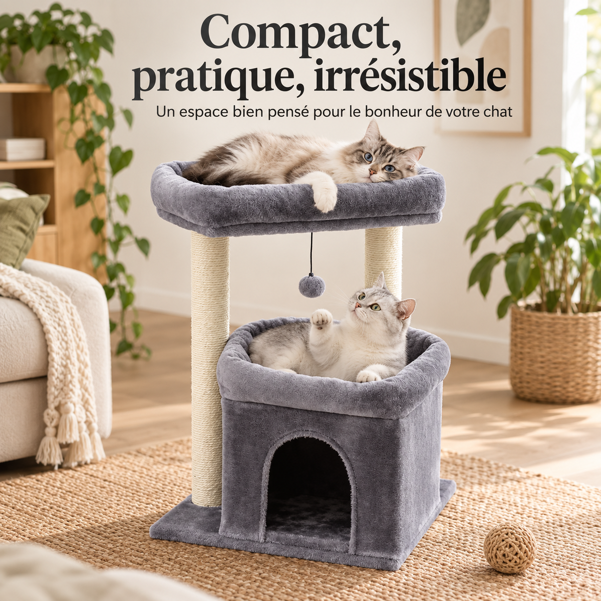 Arbre à chat compact avec niche et double perchoir