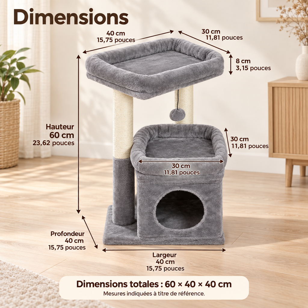 Arbre à chat compact avec niche et double perchoir