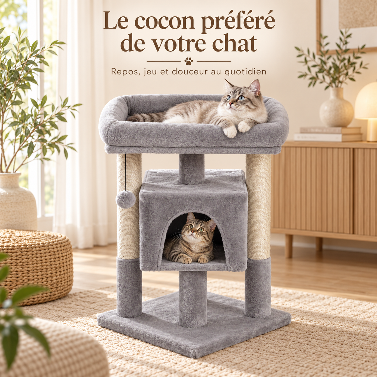 Arbre à chat de 72 cm avec niche et grand perchoir