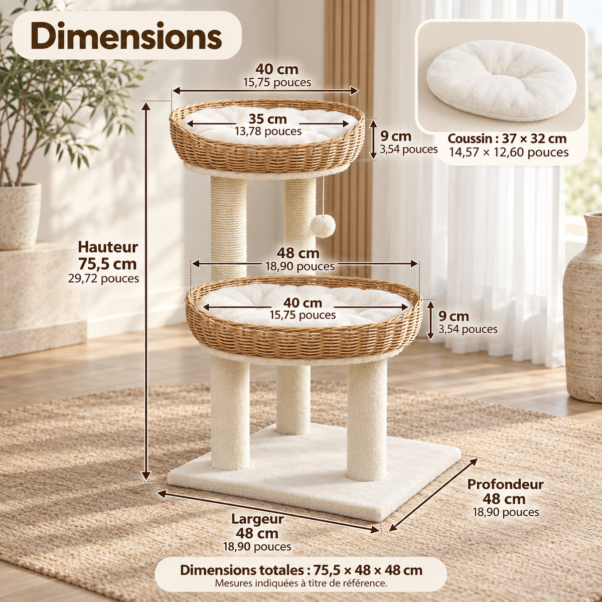 Arbre à chat design avec deux couchages en rotin