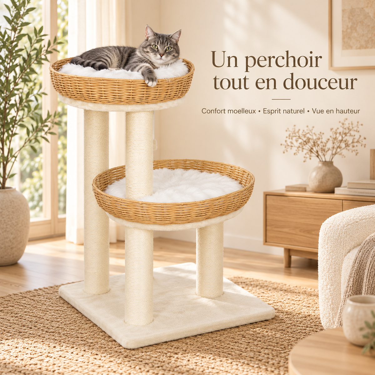 Arbre à chat design avec deux couchages en rotin