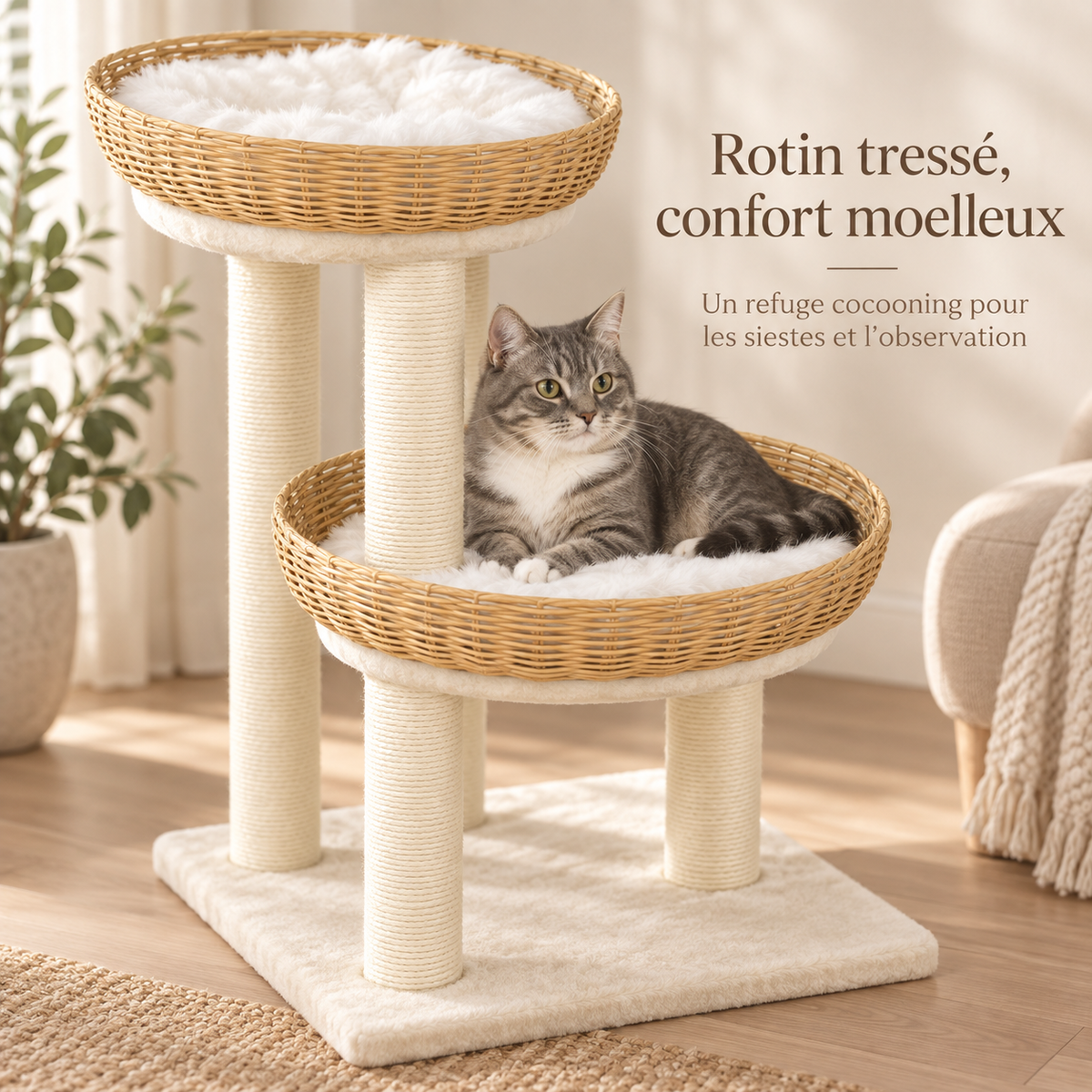 Arbre à chat design avec deux couchages en rotin