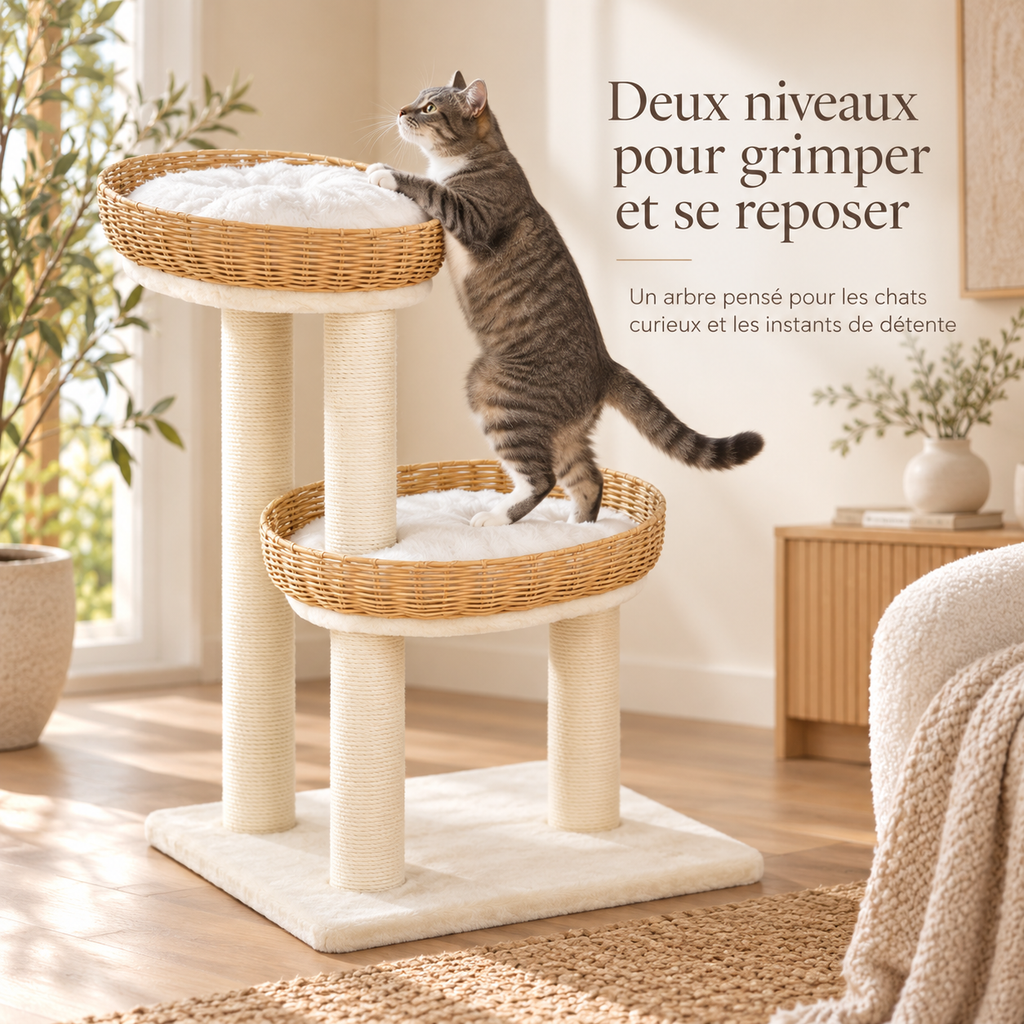 Arbre à chat design avec deux couchages en rotin