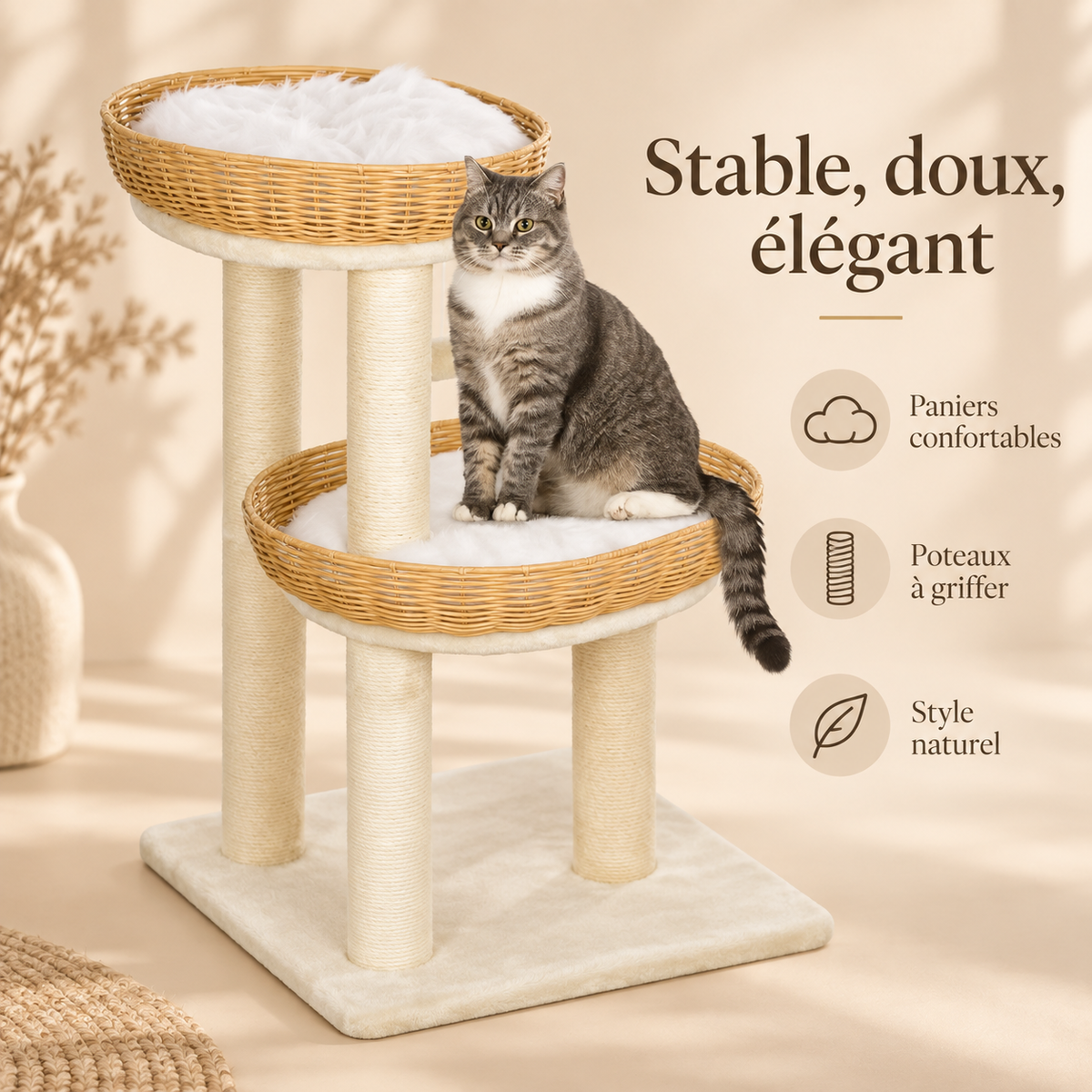 Arbre à chat design avec deux couchages en rotin