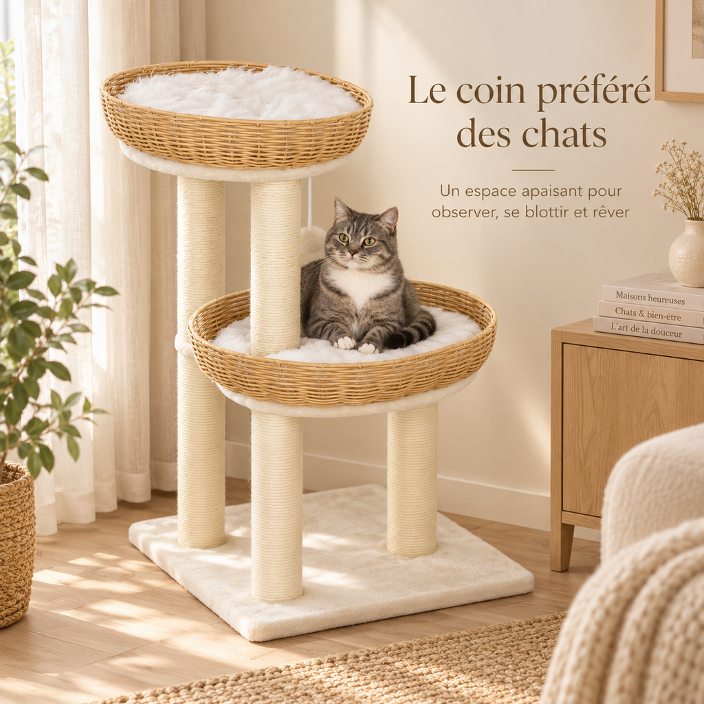 Arbre à chat design avec deux couchages en rotin