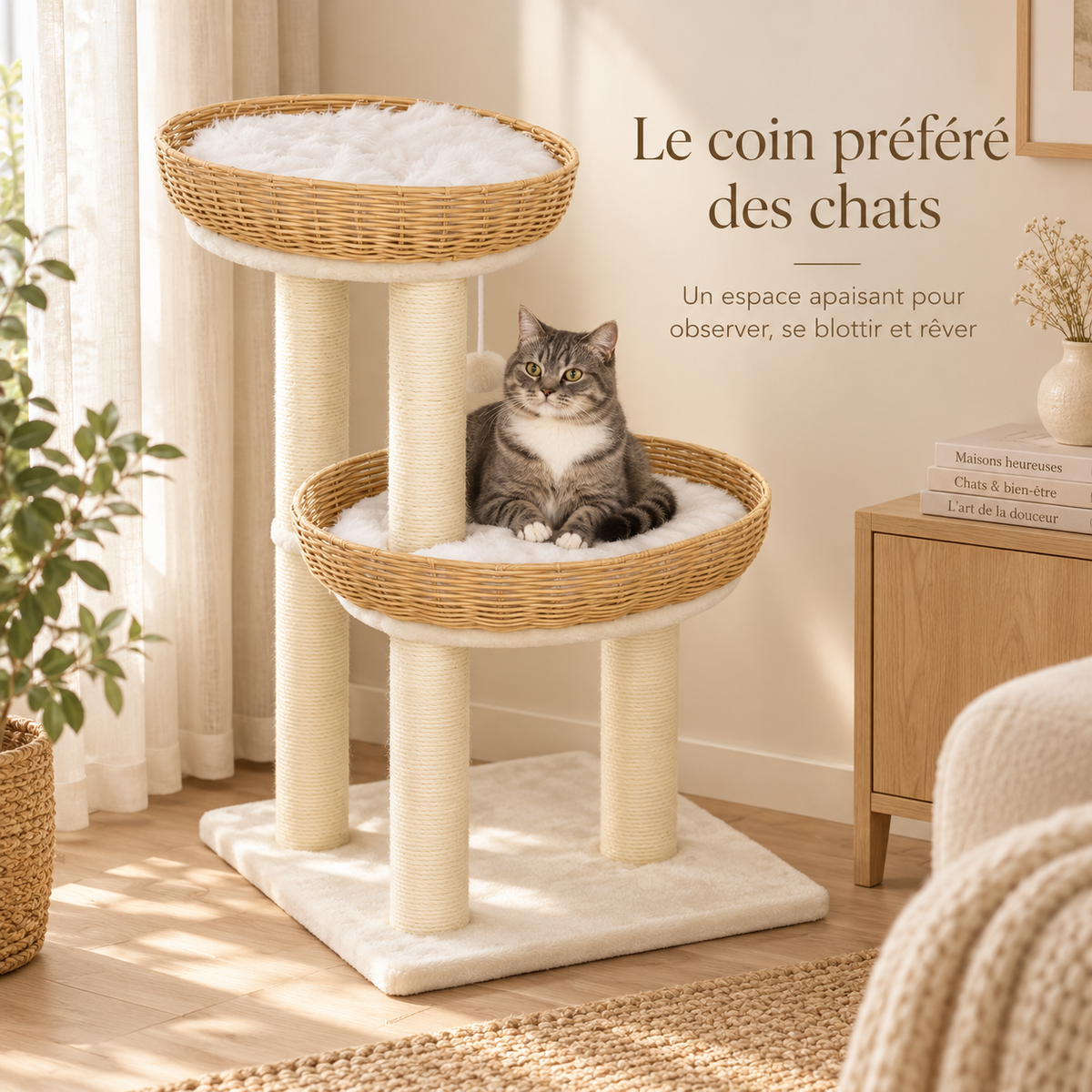 Arbre à chat design avec deux couchages en rotin