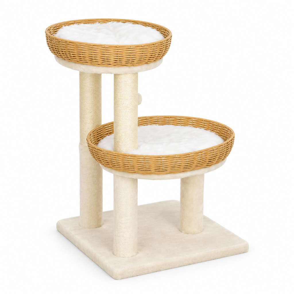 Arbre à chat design avec deux couchages en rotin