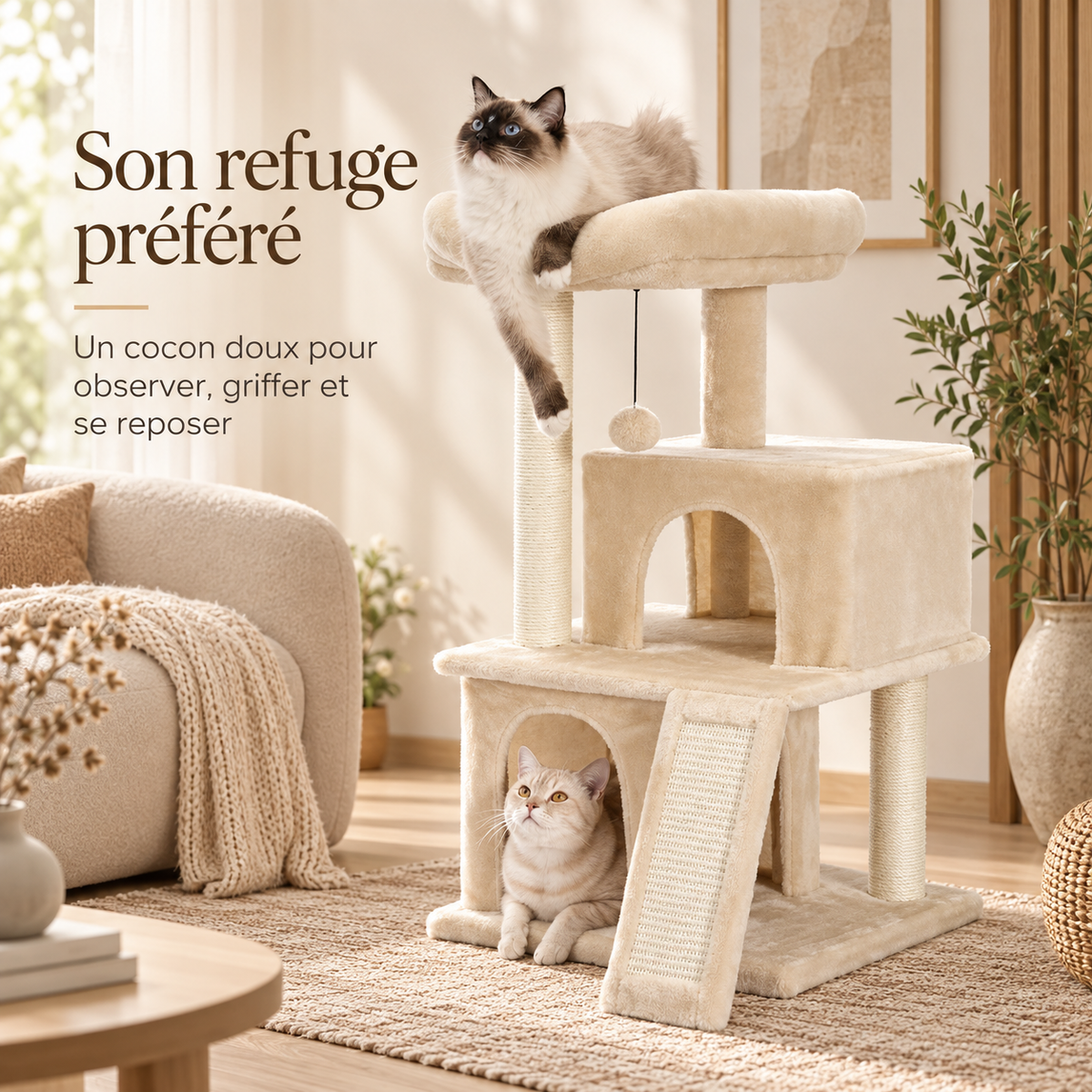 Arbre à chat à 4 niveaux avec deux niches